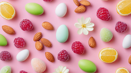 A top-down view of a pastel Easter candy selection with sugar-coated almonds and fruity chews.の素材