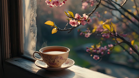 A warm cup of tea resting on a cozy windowsill, overlooking a peaceful, blooming spring garden.の素材