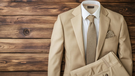 A stylish men's Easter suit in soft beige with a matching tie and pocket square, laid out on a rustic wooden background.の素材