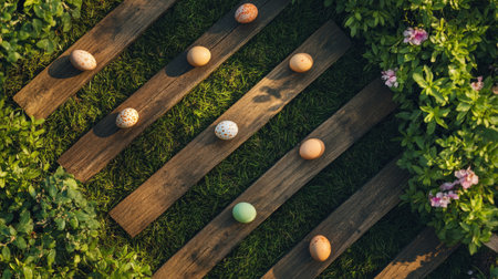 A top-down view of an outdoor track with tiny wooden lanes, guiding rolling Easter eggs toward a goal.の素材