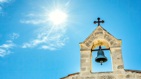 A traditional Easter church bell against a bright blue sky, symbolizing the joyous sounds of hymns.の素材