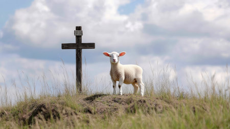 A white lamb standing near a wooden cross on a grassy hill, symbolizing sacrifice and resurrection.の素材
