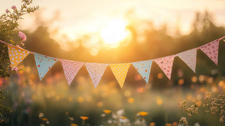 Cheerful fabric bunting in soft pastel colors, swaying gently against a golden sunrise sky.の素材