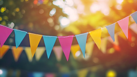 Bright and cheerful bunting in yellow, pink, and blue, strung across a blurred outdoor background.の素材