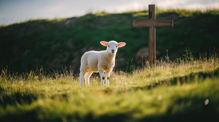 A white lamb standing near a wooden cross on a grassy hill, symbolizing sacrifice and resurrection.の素材