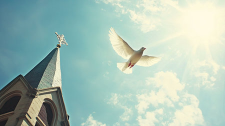 A white dove soaring above a sunlit church steeple, symbolizing peace and resurrection.の素材