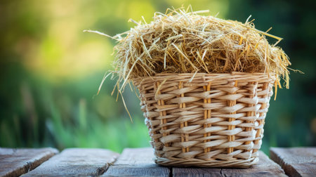 A woven wicker basket filled with fresh hay, placed on a rustic wooden table, evoking simplicity.の素材