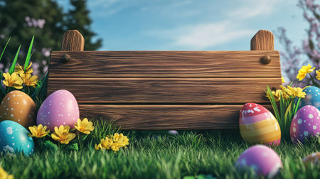 A wooden finish line banner in a meadow, decorated with spring flowers, ready for Easter egg rolling winners.の素材