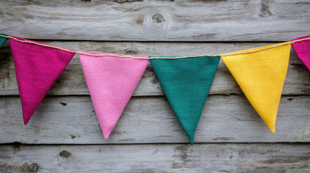 Vibrant triangular bunting in pink, yellow, and green, hanging above a rustic wooden background.の素材