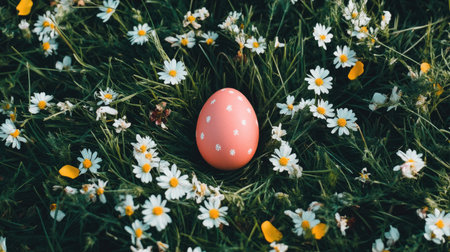 A top-down view of an Easter egg resting at the bottom of a grassy hill, surrounded by scattered flower petals.の素材