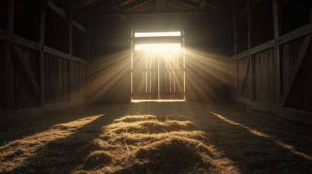 A sunbeam shining through a wooden stable door, casting a soft glow on an empty hay-filled manger.の素材