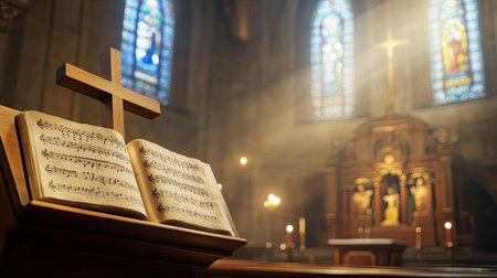 A wooden cross with sheet music resting on a church pew, illuminated by ethereal light streaming through stained glass windows.の素材