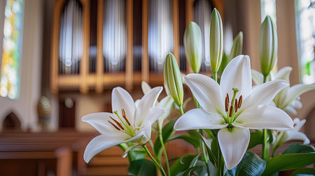 Soft-focus lilies in the foreground with blurred organ pipes in the background, evoking the harmony of Easter hymns.の素材