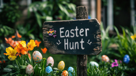 A wooden signpost with Easter Egg Hunt written in chalk, surrounded by colorful flowers and Easter eggs.の素材