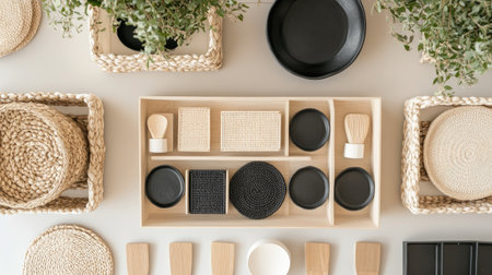 A top-down view of an elegant display of handmade pottery, woven coasters, and eco-friendly packaging.の素材