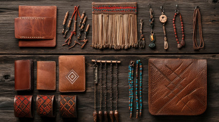 A top-down view of handmade leather wallets, woven keychains, and beaded jewelry displayed on a rustic wooden board.の素材