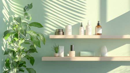 A stylish shelf featuring eco-conscious beauty products and sustainable wellness goods.の素材