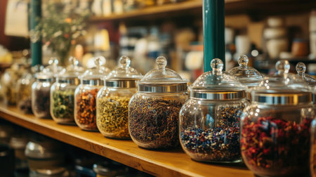 A well-lit tea shop counter with loose-leaf teas in glass jars and ceramic teapots.の素材