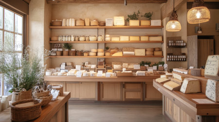 A small gourmet cheese shop with wooden shelves, artisanal cheeses, and a cheese slicer.の素材