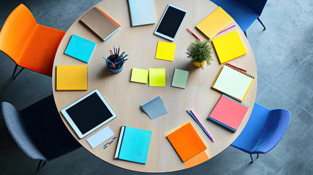 A round table with multiple open notebooks, tablets, and colorful sticky notes, representing brainstorming and teamwork.の素材