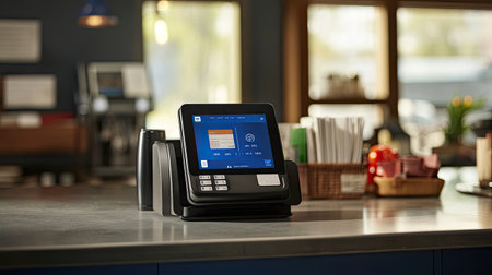 A tablet displaying a contactless payment interface, placed on a countertop with a card reader.の素材