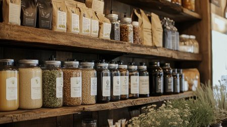 A zero-waste lifestyle store shelf featuring glass jars with dried goods and refillable products.の素材