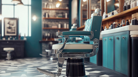 A vintage-style barbershop with an antique barber chair, scissors, and grooming tools neatly arranged.の素材
