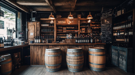A small, independent wine shop with wooden barrels, neatly arranged bottles, and a tasting counter.の素材
