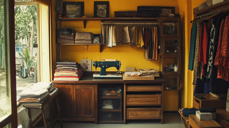 A small tailor shop workspace with a sewing machine, fabric rolls, and neatly arranged handmade garments.の素材
