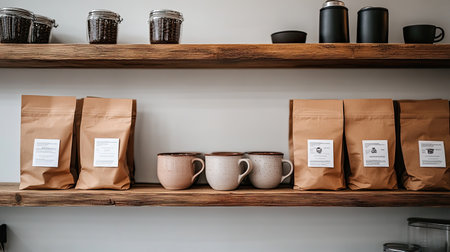 A warm-toned caf shelf displaying locally made ceramic mugs and specialty coffee bags.の素材