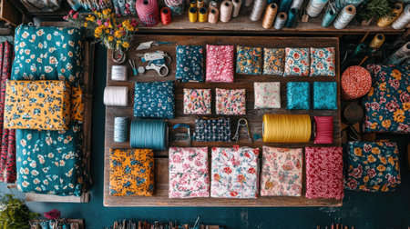 A wooden craft table with handmade fabric swatches, thread spools, and sewing tools neatly arranged.の素材