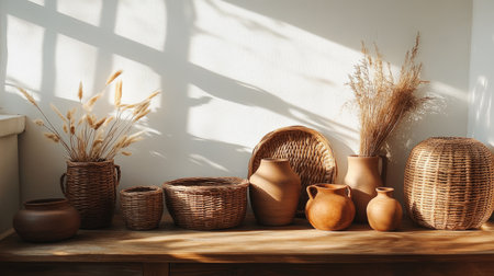 A warm, natural light setting with handwoven baskets, ceramic planters, and minimalistic home decor.の素材