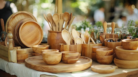 A vintage-style market stand showcasing handcrafted wooden kitchenware with a blurred natural background.の素材
