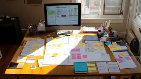 A wooden desk setup with organized work essentials, a digital planner, and collaborative brainstorming notes.の素材