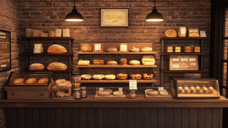 A warm and inviting bakery counter with freshly baked bread, cakes, and rustic wooden display shelves.の素材