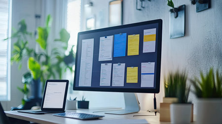 A strategic planning station with a Kanban board, workflow schedules, and a tablet placed on a modern desk.の素材