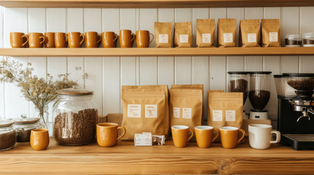A warm-toned caf shelf displaying locally made ceramic mugs and specialty coffee bags.の素材