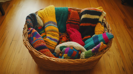 A woven basket filled with hand-knitted scarves, wool socks, and embroidered textiles on a wooden floor.の素材