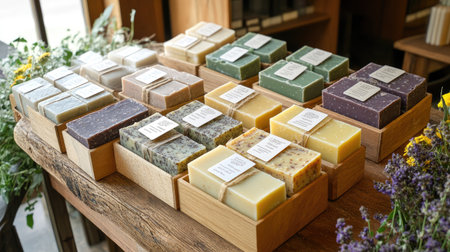 A wooden table filled with natural soap bars, bath salts, and eco-friendly packaging for handmade cosmetics.の素材