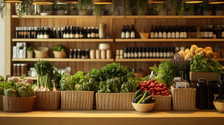 A well-organized farmers' cooperative store with fresh produce, organic products, and wooden shelves.の素材
