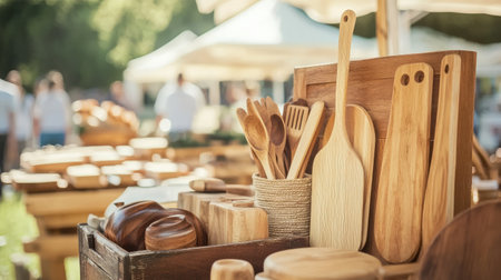A vintage-style market stand showcasing handcrafted wooden kitchenware with a blurred natural background.の素材