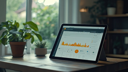 A sleek tablet showing a competitor analysis report, placed on a wooden business desk.の素材