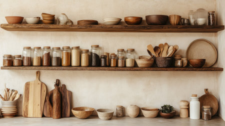 A rustic kitchen shelf with handcrafted spice jars, wooden utensils, and ceramic bowls neatly arranged.の素材