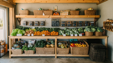 A well-organized farmers' cooperative store with fresh produce, organic products, and wooden shelves.の素材