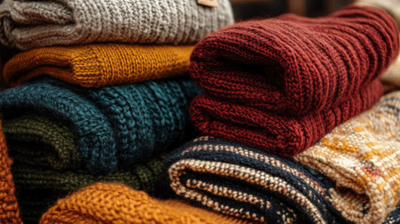 A warm-toned display of handmade wool scarves, knitted hats, and handwoven blankets stacked neatly.の素材