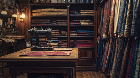 A small tailor shop workspace with a sewing machine, fabric rolls, and neatly arranged handmade garments.の素材