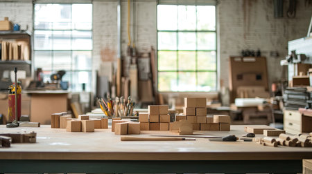 A workshop table with wooden blocks, chisels, and a hand-carved sculpture in progress.の素材