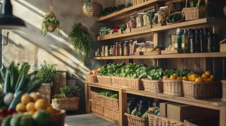 A well-organized farmers' cooperative store with fresh produce, organic products, and wooden shelves.の素材