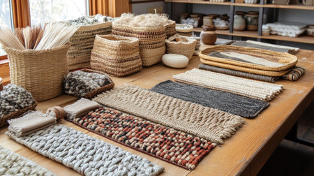A workspace featuring natural fiber baskets, hand-woven textiles, and neatly arranged raw materials.の素材