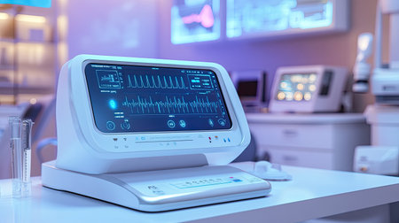 A futuristic medical device with a digital display, placed on a clean surface, offering empty space for medical technology-related text or branding.の素材